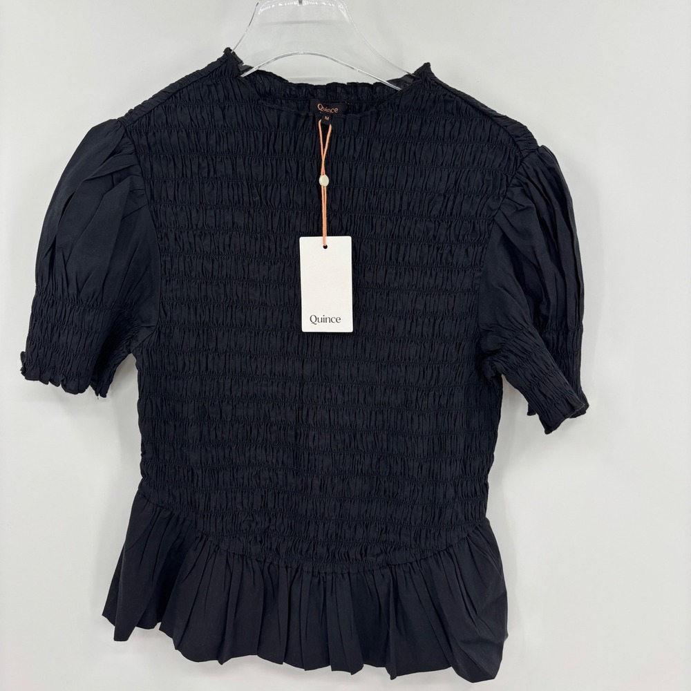 Quince Smocked Peplum Top Women Size M Black Puff Sleeve Organic Cotton Blend